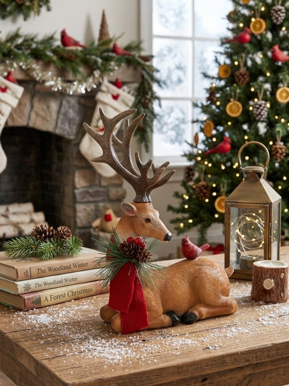 9" Rustic Reindeer Figurine Cardinal Bird Scarf Christmas Tabletop Mantel Decor